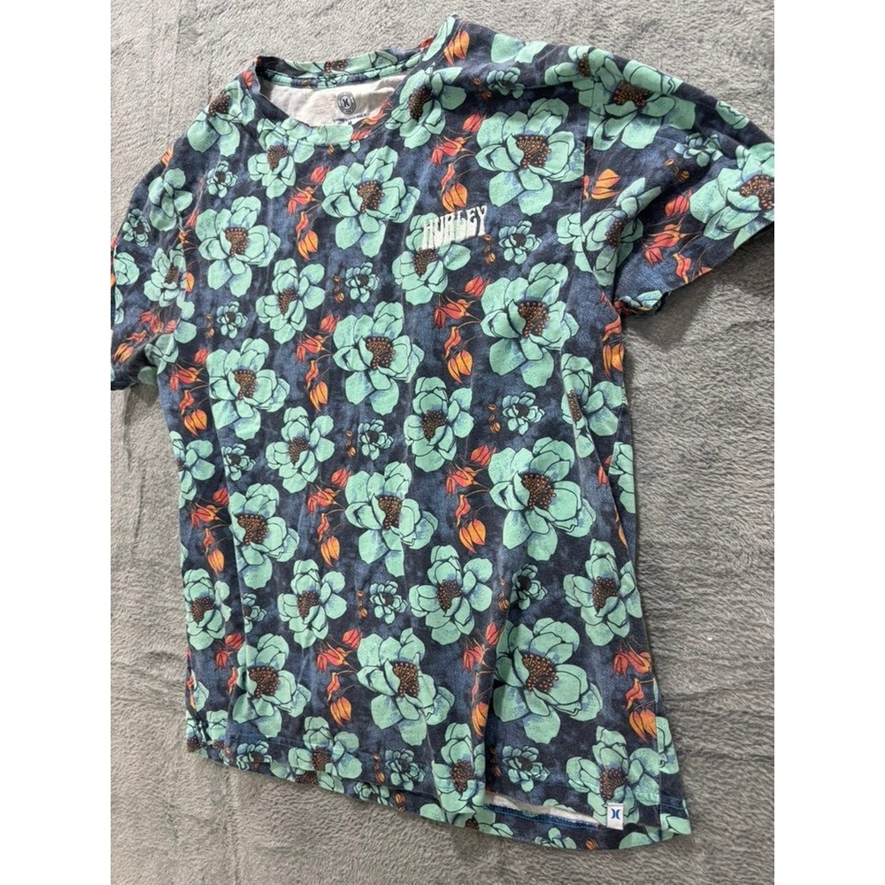 Hurley Floral T Shirt Men Medium Blue Green Tropical Cotton Short Sleeve - Picture 4 of 8